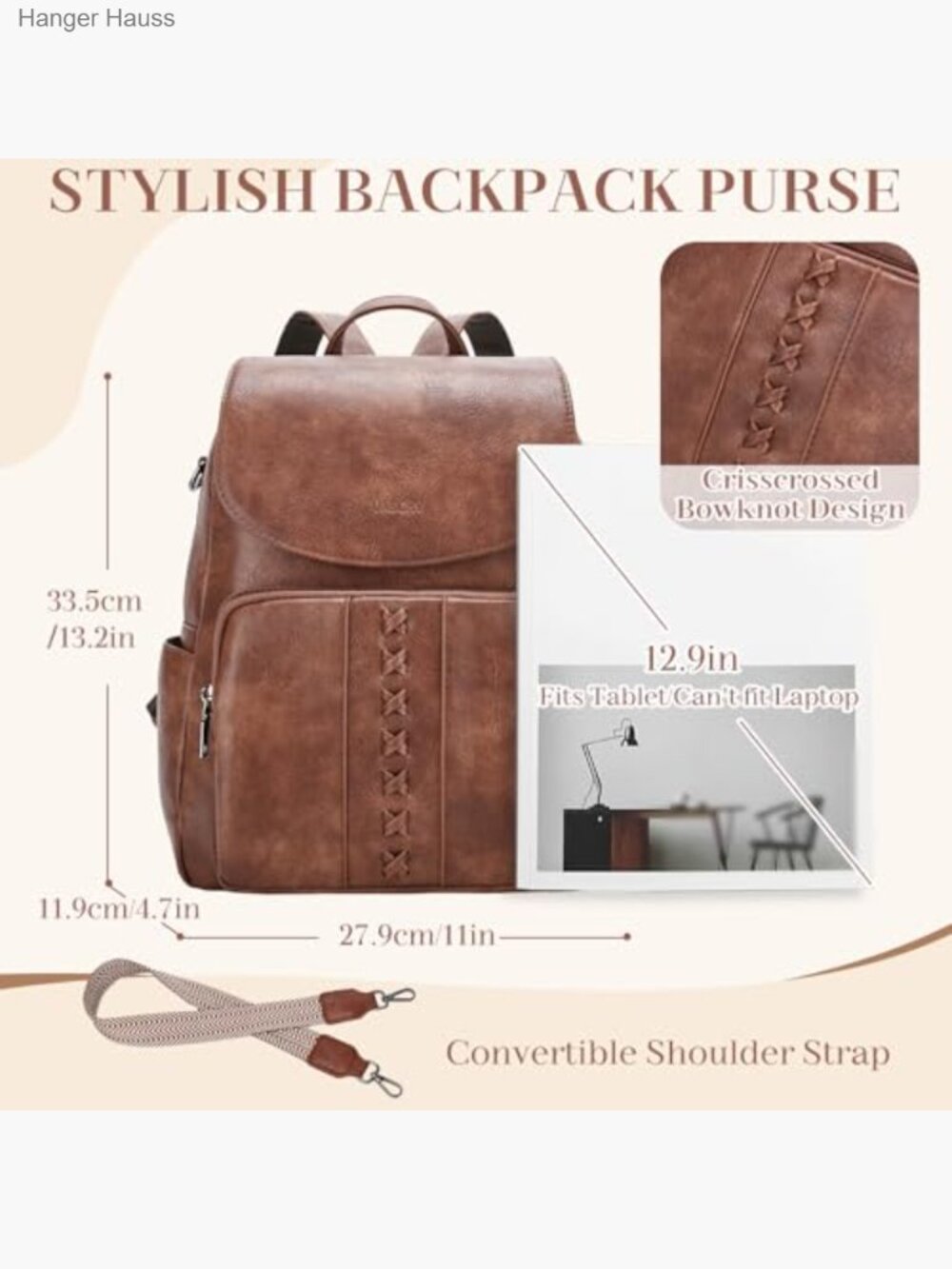 Vegan Leather Flap Backpack Convertible Handbag with Guitar Strap - Picture 2 of 6